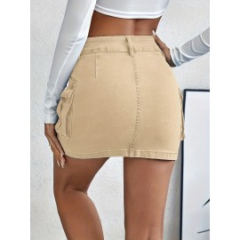 Plain Flap Pockets Cargo Denim Mini Skirt, High Stretch Double Button Washed Denim Skirt, Women's Denim Clothing Plain Flap Pockets Cargo Denim Mini Skirt, High Stretch Double Button Washed Denim Skirt, Women's Denim Clothing