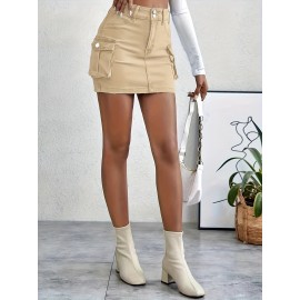 Plain Flap Pockets Cargo Denim Mini Skirt, High Stretch Double Button Washed Denim Skirt, Women's Denim Clothing Plain Flap Pockets Cargo Denim Mini Skirt, High Stretch Double Button Washed Denim Skirt, Women's Denim Clothing