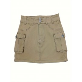 Plain Flap Pockets Cargo Denim Mini Skirt, High Stretch Double Button Washed Denim Skirt, Women's Denim Clothing Plain Flap Pockets Cargo Denim Mini Skirt, High Stretch Double Button Washed Denim Skirt, Women's Denim Clothing