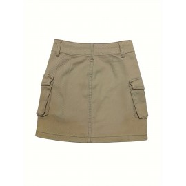 Plain Flap Pockets Cargo Denim Mini Skirt, High Stretch Double Button Washed Denim Skirt, Women's Denim Clothing Plain Flap Pockets Cargo Denim Mini Skirt, High Stretch Double Button Washed Denim Skirt, Women's Denim Clothing