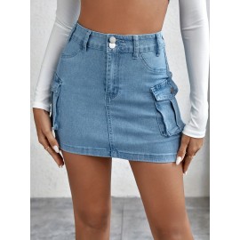 Plain Flap Pockets Cargo Denim Mini Skirt, High Stretch Double Button Washed Denim Skirt, Women's Denim Clothing Plain Flap Pockets Cargo Denim Mini Skirt, High Stretch Double Button Washed Denim Skirt, Women's Denim Clothing
