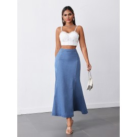 Women'S High-Waist Mermaid Denim Skirt, Casual Style, Non-Stretch Cotton Blend, Solid Color, with Zipper Detail, for Spring/Summer/Fall - Woven Fish Tail Skirt Women'S High-Waist Mermaid Denim Skirt, Casual Style, Non-Stretch Cotton Blend, Solid Color, with Zipper Detail, for Spring/Summer/Fall - Woven Fish Tail Skirt