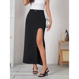 Elegant Black Denim Midi Skirt for Women - Asymmetrical, Non-Stretch, Machine Washable - Perfect for Spring/Summer/Fall Elegant Black Denim Midi Skirt for Women - Asymmetrical, Non-Stretch, Machine Washable - Perfect for Spring/Summer/Fall