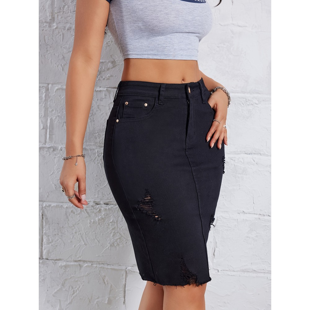 Hot Ripped High Waisted Bodycon Midi Denim Skirt, Women's Denim Jeans & Clothing Hot Ripped High Waisted Bodycon Midi Denim Skirt, Women's Denim Jeans & Clothing