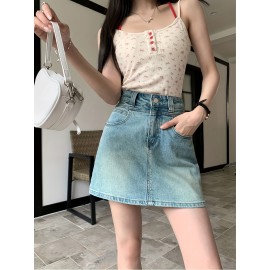 Plain Washed Blue High Rise Basic Style Mini Denim Skirt, Women's Denim Jeans & Clothing Plain Washed Blue High Rise Basic Style Mini Denim Skirt, Women's Denim Jeans & Clothing
