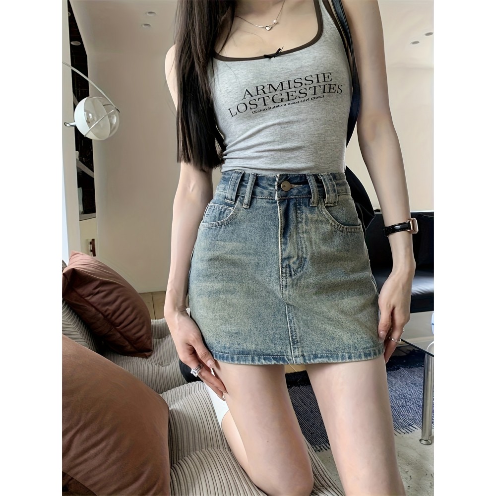 Chic High-Waist A-Line Denim Skirt with Built-In Liner - Casual, Non-Stretch, Machine Washable - Summer Fashion for Women Chic High-Waist A-Line Denim Skirt with Built-In Liner - Casual, Non-Stretch, Machine Washable - Summer Fashion for Women