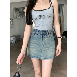 Chic High-Waist A-Line Denim Skirt with Built-In Liner - Casual, Non-Stretch, Machine Washable - Summer Fashion for Women Chic High-Waist A-Line Denim Skirt with Built-In Liner - Casual, Non-Stretch, Machine Washable - Summer Fashion for Women