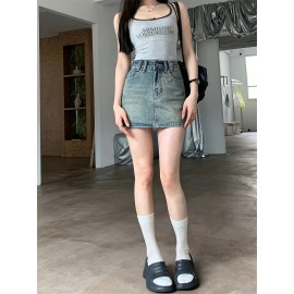 Chic High-Waist A-Line Denim Skirt with Built-In Liner - Casual, Non-Stretch, Machine Washable - Summer Fashion for Women Chic High-Waist A-Line Denim Skirt with Built-In Liner - Casual, Non-Stretch, Machine Washable - Summer Fashion for Women