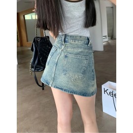 Chic High-Waist A-Line Denim Skirt with Built-In Liner - Casual, Non-Stretch, Machine Washable - Summer Fashion for Women Chic High-Waist A-Line Denim Skirt with Built-In Liner - Casual, Non-Stretch, Machine Washable - Summer Fashion for Women