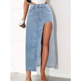 Split Side Whiskering Light Washed Blue Casual Style Stretchy Maxi Denim Skirt, Women's Denim Jeans & Clothing Split Side Whiskering Light Washed Blue Casual Style Stretchy Maxi Denim Skirt, Women's Denim Jeans & Clothing