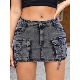 Women's Elegant Vintage Grey Denim Mini Skirt With Flap Pockets, Zipper Button Closure Cargo Denim Skirt Women's Elegant Vintage Grey Denim Mini Skirt With Flap Pockets, Zipper Button Closure Cargo Denim Skirt