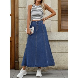 Plain Washed Blue Button Fly Casual Style A-line Maxi Denim Skirt, Women's Denim Jeans & Clothing Plain Washed Blue Button Fly Casual Style A-line Maxi Denim Skirt, Women's Denim Jeans & Clothing