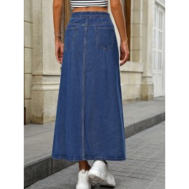 Plain Washed Blue Button Fly Casual Style A-line Maxi Denim Skirt, Women's Denim Jeans & Clothing Plain Washed Blue Button Fly Casual Style A-line Maxi Denim Skirt, Women's Denim Jeans & Clothing