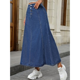 Single-breasted Plain Washed Blue Denim Skirt, Elegant High Rise Maxi Denim Skirt, Women's Denim Jeans & Clothing Single-breasted Plain Washed Blue Denim Skirt, Elegant High Rise Maxi Denim Skirt, Women's Denim Jeans & Clothing