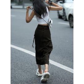 Women'S Elegant Denim Wrap Skirt - High Waist Lace-Up Slit Midi Skirt, Cotton Blend, Geometric Pattern, Woven Fabric, Non-Stretch for Spring/Summer/Fall Women'S Elegant Denim Wrap Skirt - High Waist Lace-Up Slit Midi Skirt, Cotton Blend, Geometric Pattern, Woven Fabric, Non-Stretch for Spring/Summer/Fall