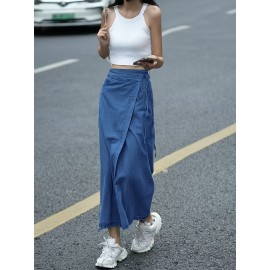 Women'S Elegant Denim Wrap Skirt - High Waist Lace-Up Slit Midi Skirt, Cotton Blend, Geometric Pattern, Woven Fabric, Non-Stretch for Spring/Summer/Fall Women'S Elegant Denim Wrap Skirt - High Waist Lace-Up Slit Midi Skirt, Cotton Blend, Geometric Pattern, Woven Fabric, Non-Stretch for Spring/Summer/Fall