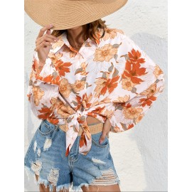 Floral Print Button Up Shirt, Vacation Lapel Neck Long Sleeve Loose Shirt, Women's Clothing Floral Print Button Up Shirt, Vacation Lapel Neck Long Sleeve Loose Shirt, Women's Clothing