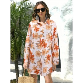Floral Print Button Up Shirt, Vacation Lapel Neck Long Sleeve Loose Shirt, Women's Clothing Floral Print Button Up Shirt, Vacation Lapel Neck Long Sleeve Loose Shirt, Women's Clothing
