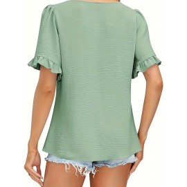 Vibrant Solid Color Square Neck Short Sleeve Blouse - Ruched Bust, Micro Elasticity, Machine Washable - Perfect for Mature Womens Casual Summer Clothing Vibrant Solid Color Square Neck Short Sleeve Blouse - Ruched Bust, Micro Elasticity, Machine Washable - Perfect for Mature Womens Casual Summer Clothing