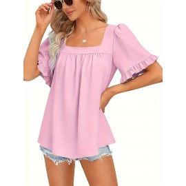 Vibrant Solid Color Square Neck Short Sleeve Blouse - Ruched Bust, Micro Elasticity, Machine Washable - Perfect for Mature Womens Casual Summer Clothing Vibrant Solid Color Square Neck Short Sleeve Blouse - Ruched Bust, Micro Elasticity, Machine Washable - Perfect for Mature Womens Casual Summer Clothing