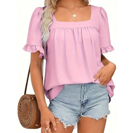 Vibrant Solid Color Square Neck Short Sleeve Blouse - Ruched Bust, Micro Elasticity, Machine Washable - Perfect for Mature Womens Casual Summer Clothing Vibrant Solid Color Square Neck Short Sleeve Blouse - Ruched Bust, Micro Elasticity, Machine Washable - Perfect for Mature Womens Casual Summer Clothing