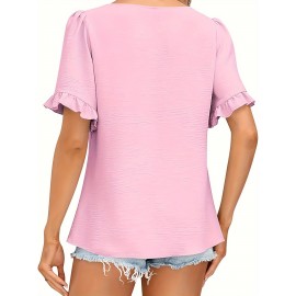 Vibrant Solid Color Square Neck Short Sleeve Blouse - Ruched Bust, Micro Elasticity, Machine Washable - Perfect for Mature Womens Casual Summer Clothing Vibrant Solid Color Square Neck Short Sleeve Blouse - Ruched Bust, Micro Elasticity, Machine Washable - Perfect for Mature Womens Casual Summer Clothing