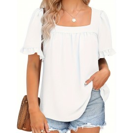 Vibrant Solid Color Square Neck Short Sleeve Blouse - Ruched Bust, Micro Elasticity, Machine Washable - Perfect for Mature Womens Casual Summer Clothing Vibrant Solid Color Square Neck Short Sleeve Blouse - Ruched Bust, Micro Elasticity, Machine Washable - Perfect for Mature Womens Casual Summer Clothing