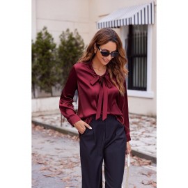 Women's Satin Silk Long Sleeve Blouse with Bow Tie Neck Office Work Wear Elegant Tops Women's Satin Silk Long Sleeve Blouse with Bow Tie Neck Office Work Wear Elegant Tops