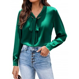 Women's Satin Silk Long Sleeve Blouse with Bow Tie Neck Office Work Wear Elegant Tops Women's Satin Silk Long Sleeve Blouse with Bow Tie Neck Office Work Wear Elegant Tops
