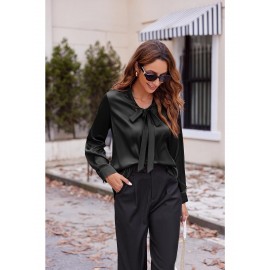 Women's Satin Silk Long Sleeve Blouse with Bow Tie Neck Office Work Wear Elegant Tops Women's Satin Silk Long Sleeve Blouse with Bow Tie Neck Office Work Wear Elegant Tops