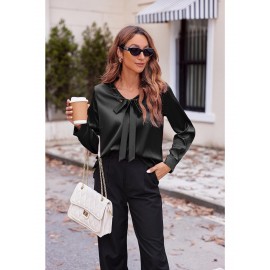 Women's Satin Silk Long Sleeve Blouse with Bow Tie Neck Office Work Wear Elegant Tops Women's Satin Silk Long Sleeve Blouse with Bow Tie Neck Office Work Wear Elegant Tops