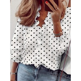 Tooluck Women's V-Neck Ruffle Polka Dot Print Lantern Sleeve Shirt Tooluck Women's V-Neck Ruffle Polka Dot Print Lantern Sleeve Shirt