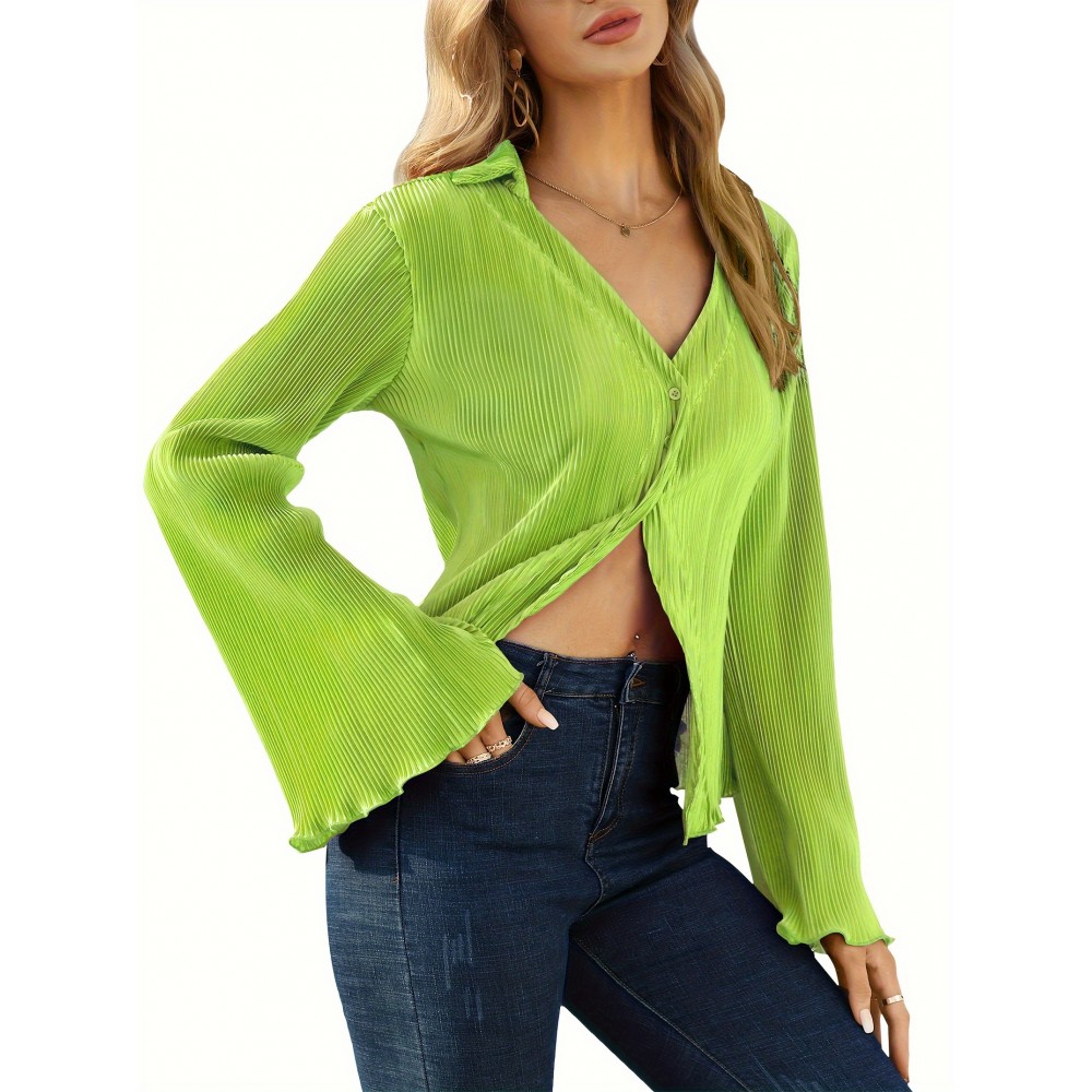 Textured Button Front Collared Blouse, Elegant Bell Sleeve Lettuce Trim Blouse, Women's Clothing Textured Button Front Collared Blouse, Elegant Bell Sleeve Lettuce Trim Blouse, Women's Clothing