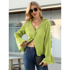 Textured Button Front Collared Blouse, Elegant Bell Sleeve Lettuce Trim Blouse, Women's Clothing Textured Button Front Collared Blouse, Elegant Bell Sleeve Lettuce Trim Blouse, Women's Clothing