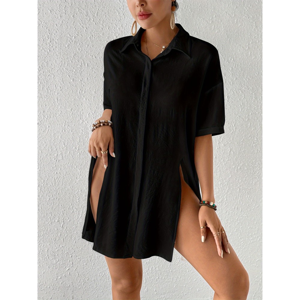 Women's Short Shirt Ice Silk Wrinkled Polo Neck Solid Color Button Elegant Casual Shirt Women's Short Shirt Ice Silk Wrinkled Polo Neck Solid Color Button Elegant Casual Shirt