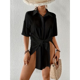 Women's Short Shirt Ice Silk Wrinkled Polo Neck Solid Color Button Elegant Casual Shirt Women's Short Shirt Ice Silk Wrinkled Polo Neck Solid Color Button Elegant Casual Shirt