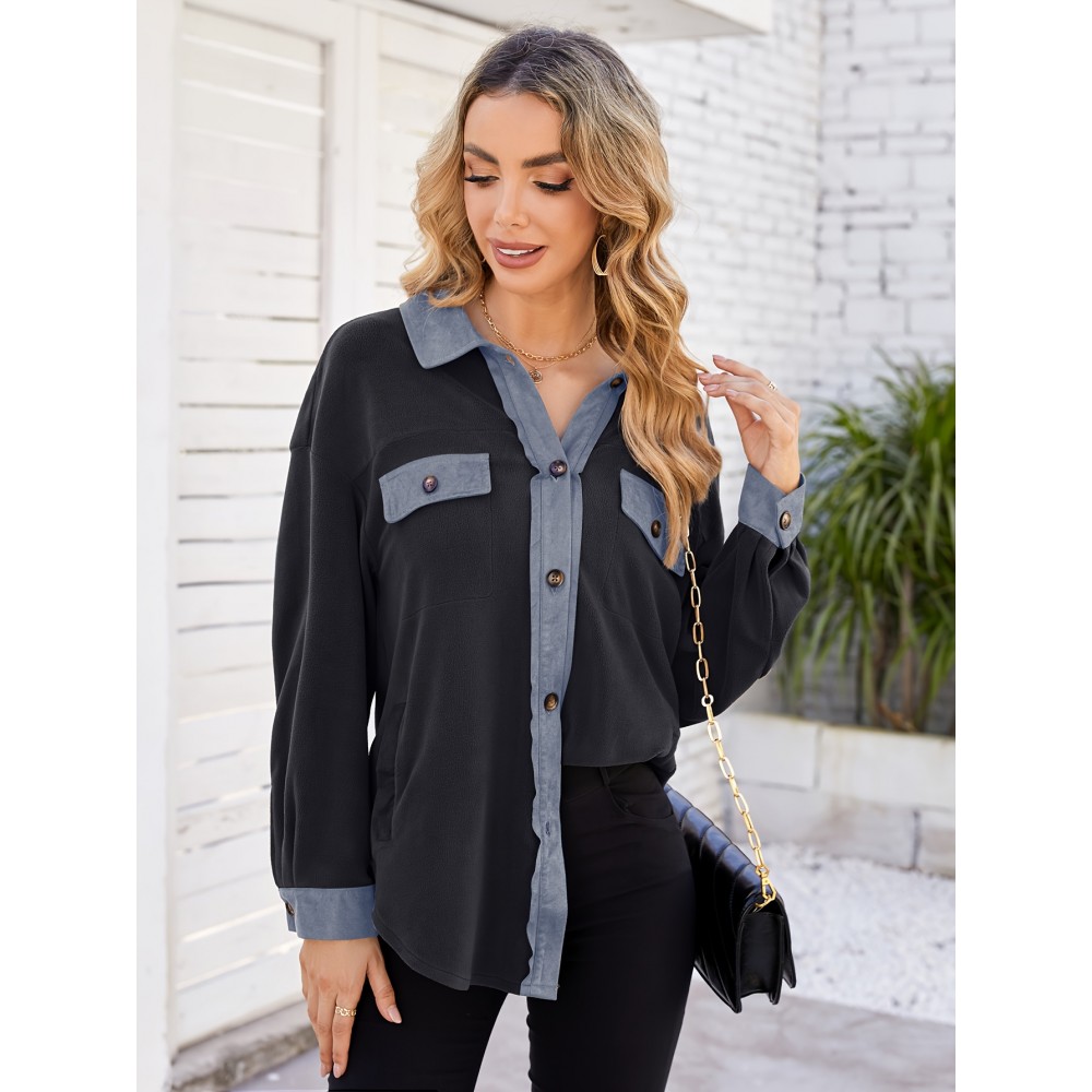 Drop Shoulder Button Front Shirt, Casual Long Sleeve With Pocket Shirt For Spring & Fall, Women's Clothing Drop Shoulder Button Front Shirt, Casual Long Sleeve With Pocket Shirt For Spring & Fall, Women's Clothing