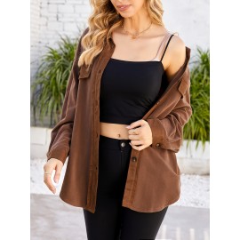 Drop Shoulder Button Front Shirt, Casual Long Sleeve With Pocket Shirt For Spring & Fall, Women's Clothing Drop Shoulder Button Front Shirt, Casual Long Sleeve With Pocket Shirt For Spring & Fall, Women's Clothing