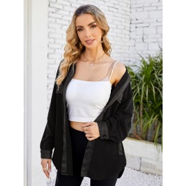 Drop Shoulder Button Front Shirt, Casual Long Sleeve With Pocket Shirt For Spring & Fall, Women's Clothing Drop Shoulder Button Front Shirt, Casual Long Sleeve With Pocket Shirt For Spring & Fall, Women's Clothing