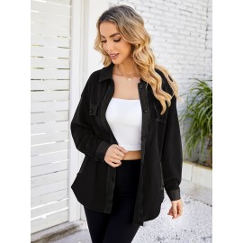 Drop Shoulder Button Front Shirt, Casual Long Sleeve With Pocket Shirt For Spring & Fall, Women's Clothing Drop Shoulder Button Front Shirt, Casual Long Sleeve With Pocket Shirt For Spring & Fall, Women's Clothing