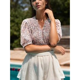 Floral Print Notched Neck Blouse, Casual Pleated Puff Sleeve Blouse For Spring & Summer, Women's Clothing Floral Print Notched Neck Blouse, Casual Pleated Puff Sleeve Blouse For Spring & Summer, Women's Clothing