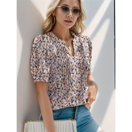 Floral Print Notched Neck Blouse, Casual Pleated Puff Sleeve Blouse For Spring & Summer, Women's Clothing Floral Print Notched Neck Blouse, Casual Pleated Puff Sleeve Blouse For Spring & Summer, Women's Clothing