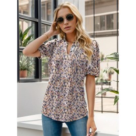 Floral Print Notched Neck Blouse, Casual Pleated Puff Sleeve Blouse For Spring & Summer, Women's Clothing Floral Print Notched Neck Blouse, Casual Pleated Puff Sleeve Blouse For Spring & Summer, Women's Clothing