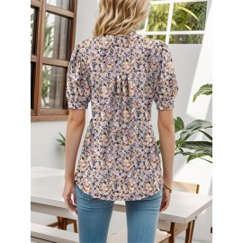 Floral Print Notched Neck Blouse, Casual Pleated Puff Sleeve Blouse For Spring & Summer, Women's Clothing Floral Print Notched Neck Blouse, Casual Pleated Puff Sleeve Blouse For Spring & Summer, Women's Clothing