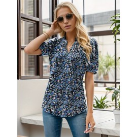 Floral Print Notched Neck Blouse, Casual Pleated Puff Sleeve Blouse For Spring & Summer, Women's Clothing Floral Print Notched Neck Blouse, Casual Pleated Puff Sleeve Blouse For Spring & Summer, Women's Clothing