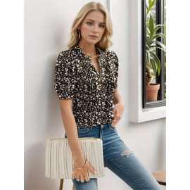 Floral Print Notched Neck Blouse, Casual Pleated Puff Sleeve Blouse For Spring & Summer, Women's Clothing Floral Print Notched Neck Blouse, Casual Pleated Puff Sleeve Blouse For Spring & Summer, Women's Clothing