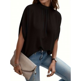 Womens Elegant Pintuck Batwing Sleeve Blouse - High Neck, Micro Elasticity, Solid Color, Machine Washable, Casual Top for Spring & Fall - Tooluck Brand Womens Elegant Pintuck Batwing Sleeve Blouse - High Neck, Micro Elasticity, Solid Color, Machine Washable, Casual Top for Spring & Fall - Tooluck Brand