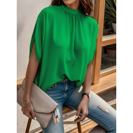 Womens Elegant Pintuck Batwing Sleeve Blouse - High Neck, Micro Elasticity, Solid Color, Machine Washable, Casual Top for Spring & Fall - Tooluck Brand Womens Elegant Pintuck Batwing Sleeve Blouse - High Neck, Micro Elasticity, Solid Color, Machine Washable, Casual Top for Spring & Fall - Tooluck Brand